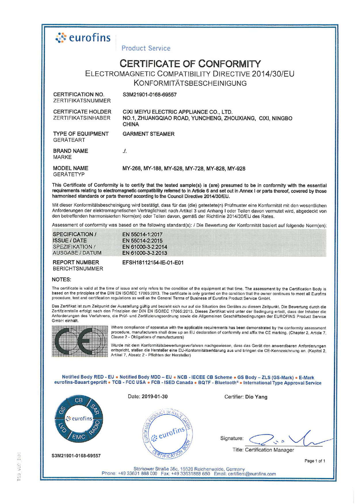 EMC ziurtagiria S3M21901-0168-69557_EMC CoC
